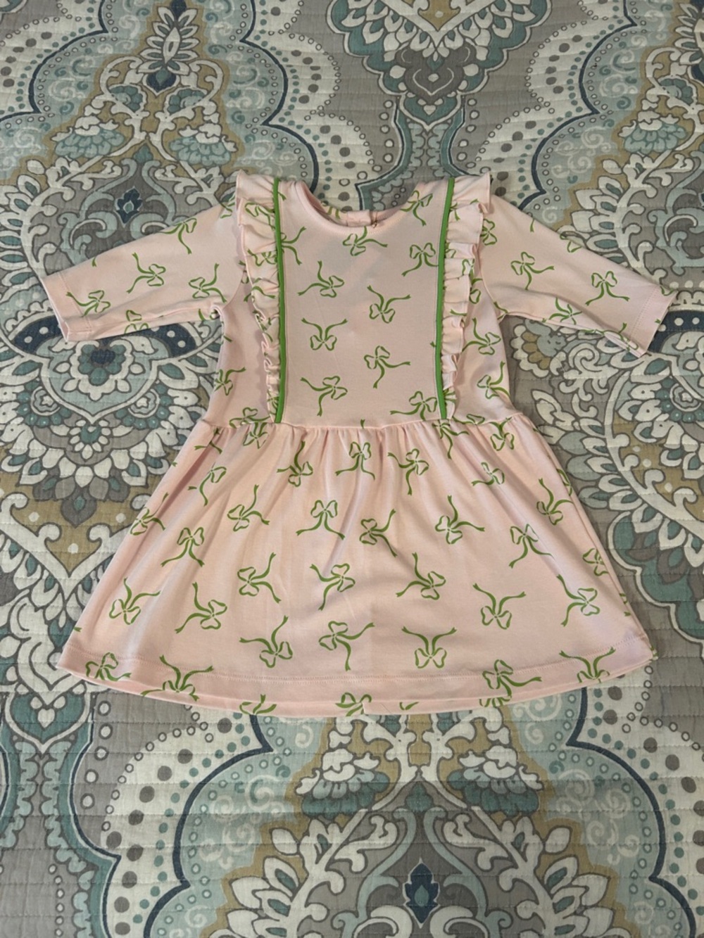 bella bliss Prima Cotton Pink Girls Dress with Green Bow Print NWT